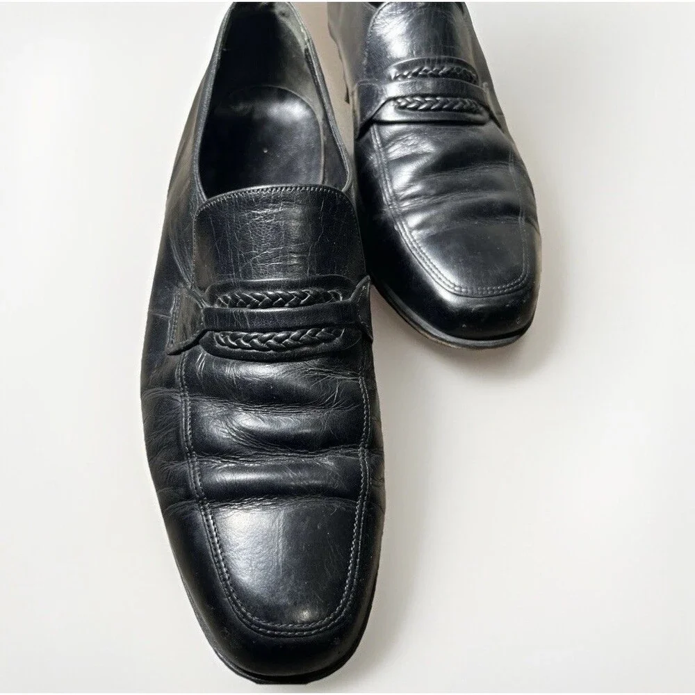 Florsheim Mens Black Leather Apron Toe Penny Loafers Size 7 D Leather Sole